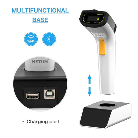 Wireless WiFi 2D Barcode Scanner with auto sensing, multifunctional base, and charging port.