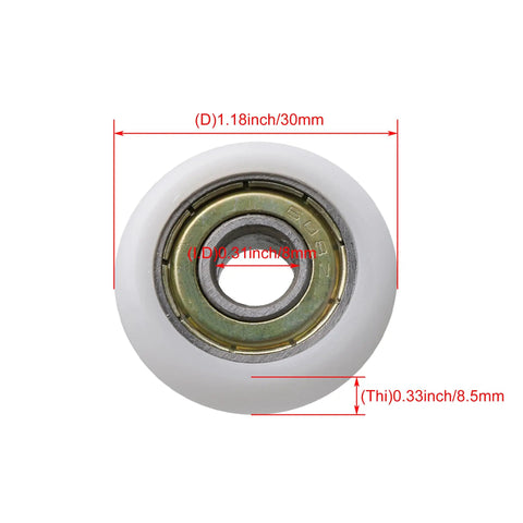 Rad 4-Piece White Ball Bearing Guide Pulley Roller Set 1.18 inch diameter plastic wheel with 0.31 inch bore for smooth operation.