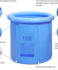 Portable Inflatable Ice Bath Spa Tub For Indoor And Outdoor Use shown with features including PVC material and drainage valve.
