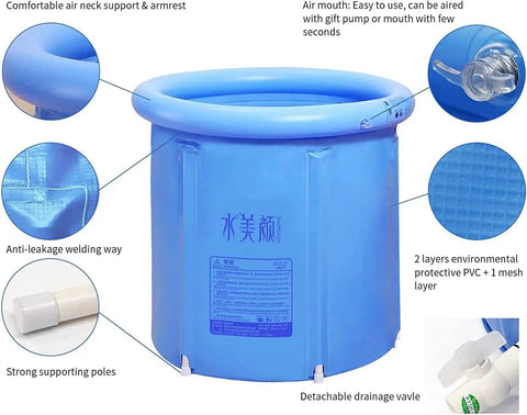 Portable Inflatable Ice Bath Spa Tub For Indoor And Outdoor Use shown with features including PVC material and drainage valve.