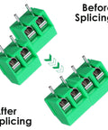 20 Pack 5mm 2 Pin Screw Terminal Block Connectors For PCB Mounting And Cable Wiring 300V 10A Rated Durable ABS Housing Easy Hookup For Electronics Projects And Pro Builds showing before and after splicing of green connectors.