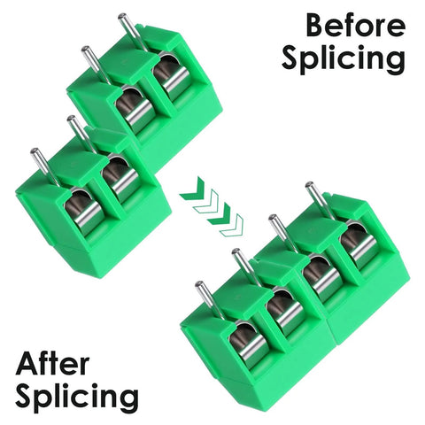 20 Pack 5mm 2 Pin Screw Terminal Block Connectors For PCB Mounting And Cable Wiring 300V 10A Rated Durable ABS Housing Easy Hookup For Electronics Projects And Pro Builds showing before and after splicing of green connectors.