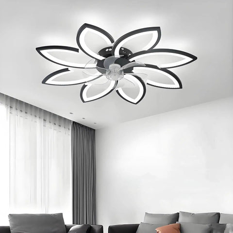 Slick Low Profile Flush Mount Ceiling Fan With Light, 6 Speed Remote Control With App, Dimmable LED Lighting, in a modern living room