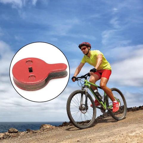 Biker riding mountain bike with inset of Bike Disc Brake Pads Resin Bonded Semi Metal For Smooth Quiet Braking Replacement Kit