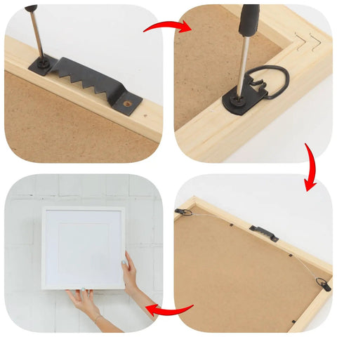 Tough As Nails Heavy Duty Picture Hanging Kit With Slick Storage Box And Rust Proof Hardware installation steps with hangers and wall mounting.