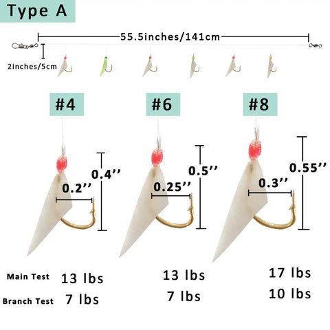 Glow In The Dark Saltwater Fishing Bait Rig Set 15 Pack With Real Fish Skin Sharp Hooks Size Chart and Specifications