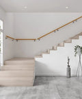 Rock Solid Oak Wood Indoor Stair Banister Rail With Wall Mounted Handrail and Heavy Duty Metal Brackets in modern home setting.
