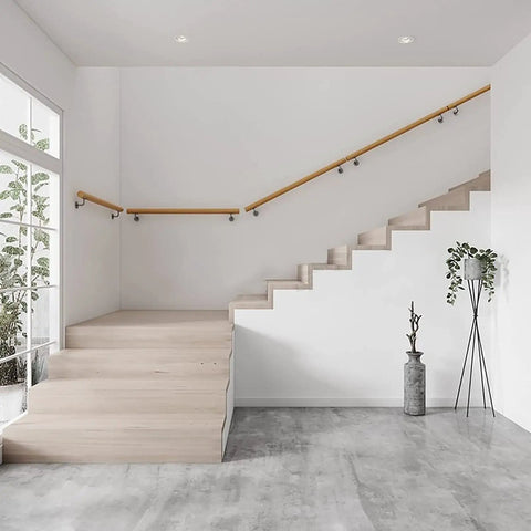Rock Solid Oak Wood Indoor Stair Banister Rail With Wall Mounted Handrail and Heavy Duty Metal Brackets in modern home setting.