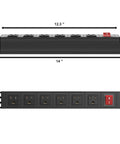 Heavy Duty 6 Outlet Power Strip With Metal Wall Mount, Surge Protector, 6 Ft Cord, Industrial Grade Outlet For Workshop And Commercial Use, 15A/125V, Aluminum Mountable Power Bar showing dimensions and outlets