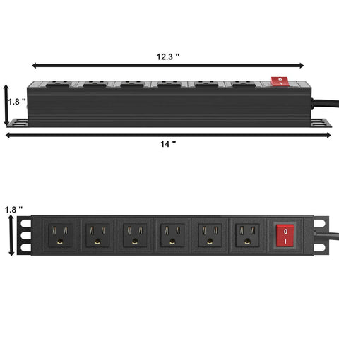 Heavy Duty 6 Outlet Power Strip With Metal Wall Mount, Surge Protector, 6 Ft Cord, Industrial Grade Outlet For Workshop And Commercial Use, 15A/125V, Aluminum Mountable Power Bar showing dimensions and outlets