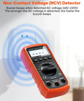 Digital Multimeter 6000 Counts With DC And AC Voltage And Current Resistance Capacitance Frequency Duty Cycle Continuity And Diode Testing NCV Live Wire Detection Auto Range Durable Handy Tool For Pros And DIY depicting NCV detection near outlet
