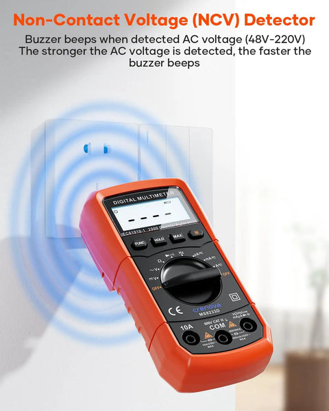 Digital Multimeter 6000 Counts With DC And AC Voltage And Current Resistance Capacitance Frequency Duty Cycle Continuity And Diode Testing NCV Live Wire Detection Auto Range Durable Handy Tool For Pros And DIY depicting NCV detection near outlet