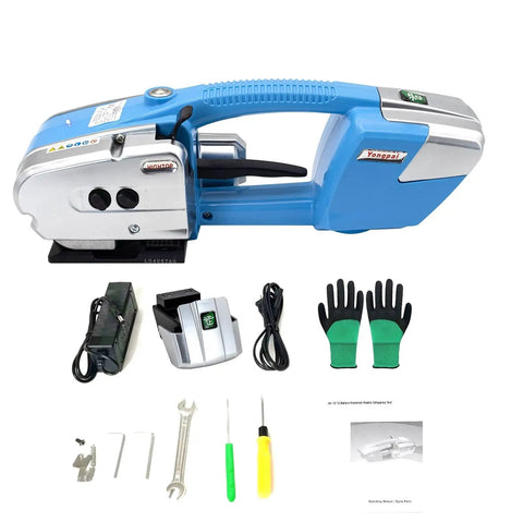 Electric Strapping Machine For Half To Five Eighths Inch Wide PP PET Straps Auto Heat Melt Sealer Dual 4000mAh Batteries Time Saver Rechargeable Pallet Packaging Banding Tool with charger, gloves, and tools
