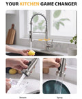 Solid Choice High Arc Kitchen Faucet With Long Reach Pull Down Sprayer And 360 Swivel Spout single handle in stainless steel with spray options.