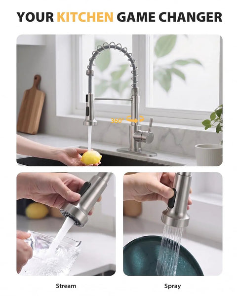 Solid Choice High Arc Kitchen Faucet With Long Reach Pull Down Sprayer And 360 Swivel Spout single handle in stainless steel with spray options.
