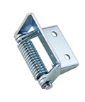 Close-up of iron self-closing spring hinge with mounting plate for doors