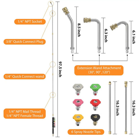 Diagram of Eight Foot Pressure Washer Extension Wand for Gutter Cleaning with nozzle tips, wand attachments, and dimensions shown