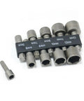 Genuine 9-Piece Drive Socket Set Made From Heavy Duty Chrome Vanadium Steel Bits Perfect For Impact Drivers And Drills To Handle High Torque Automotive Repairs Plus Appliance Maintenance With Durable Black Finish That Stays Tough Through Rough Jobs. 9-piece 5mm-15mm socket set on holder