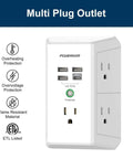 Heavy Duty Surge Protector Wall Charger With Five AC Outlets And Four USB Ports Plugs Fit Perfectly Zero Drama Setup For Home Office Dorm Built In Safety Tech White No Hassle front view showing USB ports and AC outlets.