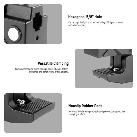 NEEWER Super Clamp with 5/8-inch stud; black metal camera/lighting clamp for pipes or flat surfaces, 33 lb max