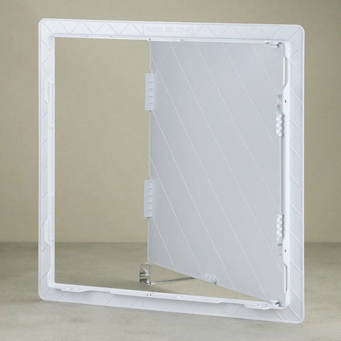 Heavy Duty 16 X 16 Inch Access Panel For Drywall With Rock Solid ABS Plastic Build shown from the front angle.