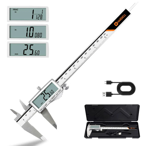 8 Inch Digital Caliper With Rechargeable USB Type C Power, Large LCD Screen, Stainless Steel Vernier Calipers, Auto Off, Inch mm Fraction Measurements, Precision Micrometer Tool For DIYers And Metalworking