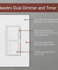 Diagram showing features of Single Pole Digital Dimmer And Timer Switch For Incandescent And Halogen Bulbs 300 Watt In Wall Dimmer With Five To Sixty Minute Auto Off And Orange Time Remaining Indicator White on a Maestro Dual Dimmer and Timer design.