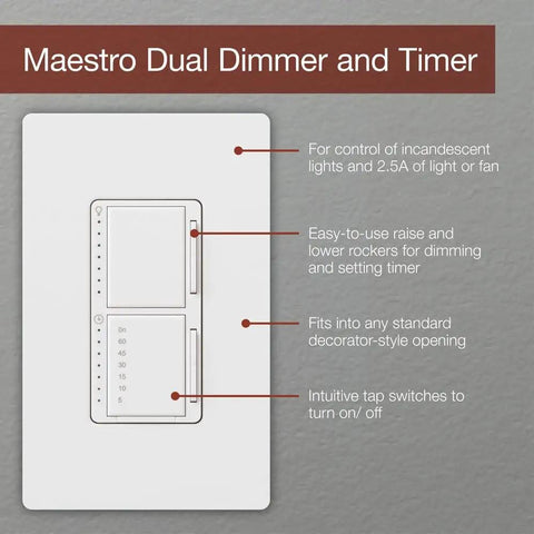 Diagram showing features of Single Pole Digital Dimmer And Timer Switch For Incandescent And Halogen Bulbs 300 Watt In Wall Dimmer With Five To Sixty Minute Auto Off And Orange Time Remaining Indicator White on a Maestro Dual Dimmer and Timer design.