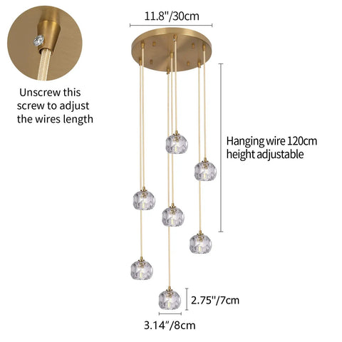 Sleek Modern Crystal Pendant Light With Seven LED Crystals, Adjustable Brass Plating Frame, 11.8" base, flush mount.