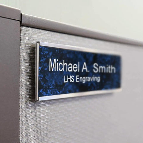 Custom Engraved Brushed Brass Office Door Name Plate And Personalized Desk Sign featuring sleek metal construction mounted on cubicle wall.
