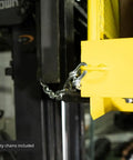 Close-up of Rock Solid 54 Inch Wide Mobile Work Platform Safety Cage For Forklifts And Fork Trucks showing safety chains attached.