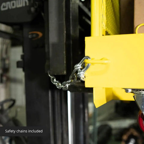 Close-up of Rock Solid 54 Inch Wide Mobile Work Platform Safety Cage For Forklifts And Fork Trucks showing safety chains attached.