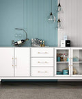 White cabinet with 30 Pack Six And A Quarter Inch Clear Acrylic Cabinet Pulls With Matte Gold Finish For Kitchen Cupboards And Bathrooms.