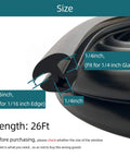 Top Notch EPDM Dense Rubber Window Seal Gasket For Stationary Windows And Windshields, All Weather Stripping Fits 1/4 In Glass And 1/16 In Panel Edge, 26 Feet Long, Durable Weather Shield shown with size details