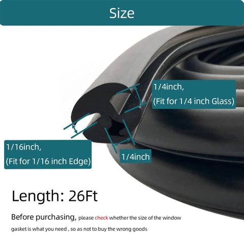 Top Notch EPDM Dense Rubber Window Seal Gasket For Stationary Windows And Windshields, All Weather Stripping Fits 1/4 In Glass And 1/16 In Panel Edge, 26 Feet Long, Durable Weather Shield shown with size details