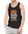 Fire Mens Motorcycle Mechanic Tank Top Hella Soft 100 Percent Cotton Muscle Tee worn by man in black with humorous printed text.