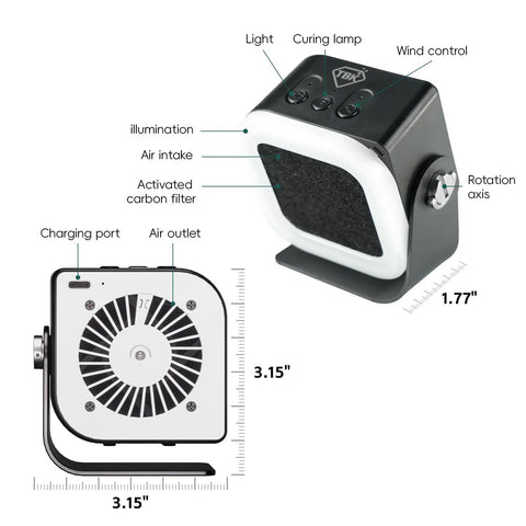 Mini Solder Fume Extractor With 3 Speed Settings And 10000RPM Brushless Motor Activated Carbon Filter Type C Rechargeable black unit.