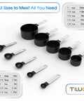 Measuring Cups And Spoons Set Nesting Stackable with Stainless Steel Handles for Cooking and Baking, includes black cups and spoons.