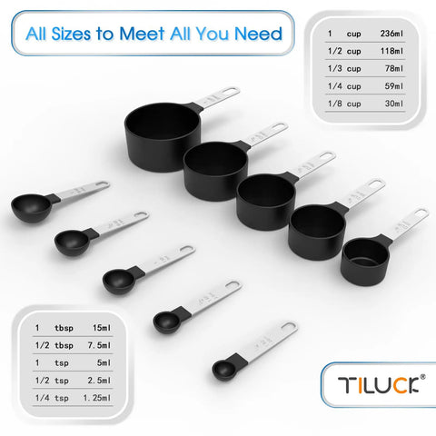 Measuring Cups And Spoons Set Nesting Stackable with Stainless Steel Handles for Cooking and Baking, includes black cups and spoons.