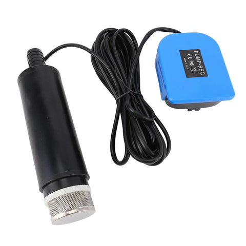 Compact Submersible Sump Pump With Sediment Filter, 500 GPH Flow Rate, black body and blue control unit with cable.