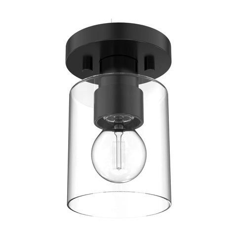 Industrial Semi Flush Mount Ceiling Light With Cylinder Glass Shade And E26 Base, black matte finish