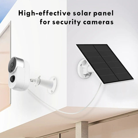 5W Outdoor USB Solar Panel For Security Cameras With Micro USB And USB-C, installed with adjustable mount on a wall.