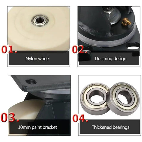 Close-up of 360 degree swivel caster parts: nylon wheel, dust ring, paint bracket, thickened bearings for trolleys and furniture.