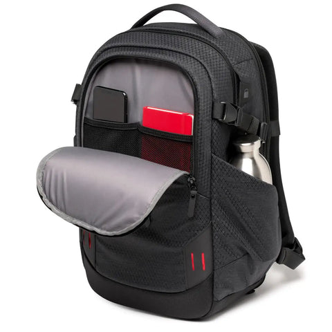 Pro Light Backloader S Professional Camera Backpack with top access open showing multiple compartments and side pocket for accessories.