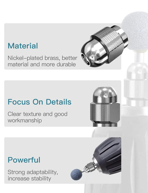 Built Tough Brass Collet Set For Rotary Tools with features like nickel-plating, detailed texture, and strong stability highlighted.
