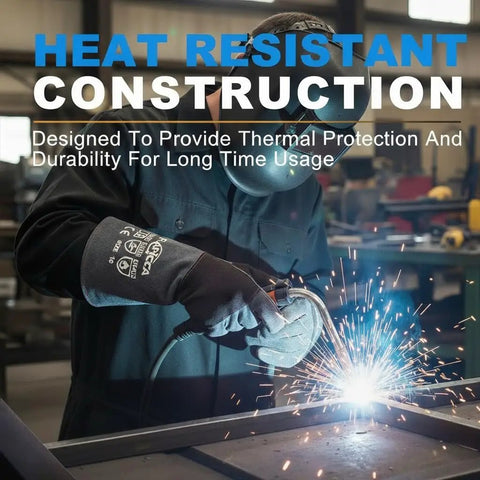 Heavy Duty Fireplace Gloves With Heat Resistant Leather Mitts With Solid Grip 16 Inch XL used for welding in workshop.