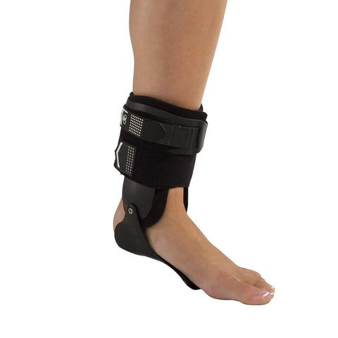 Bionic Stirrup Ankle Brace for Left Foot Large Size with Rigid Uprights and Low Profile Footplate, worn on bare foot