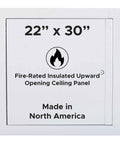 Built Like A Tank 22 By 30 Inch Insulated Fire Rated Upward Opening Ceiling Access Panel With Flange Featuring 20 Gauge Galvanneal Steel And 2 Inch Mineral Wool For LEED Compliant White Heavy Duty Building Maintenance Solutions with fire logo.