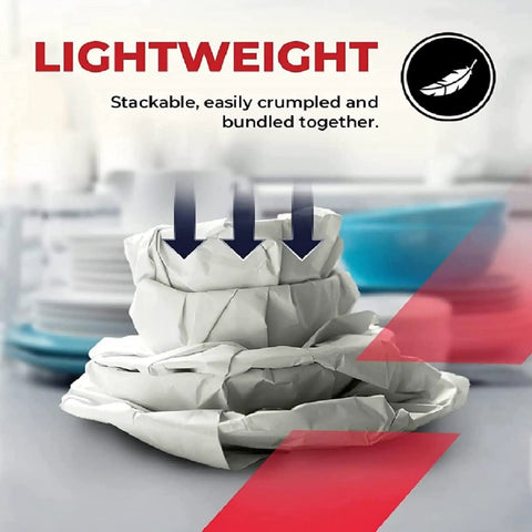 70 Sheets Newsprint Packing Paper For Moving And Shipping, shown crumpled and stacked, ideal for fragile item wrapping.