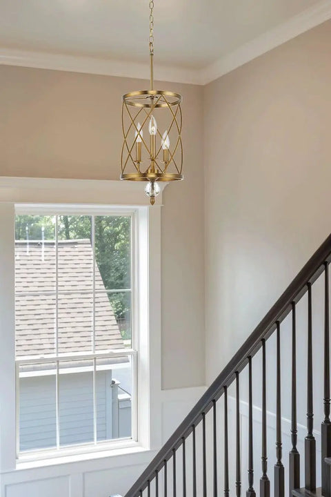 Eleanor 27 Inch Traditional 3 Light Cylinder Pendant Chandelier with adjustable height in antique white finish hanging in foyer